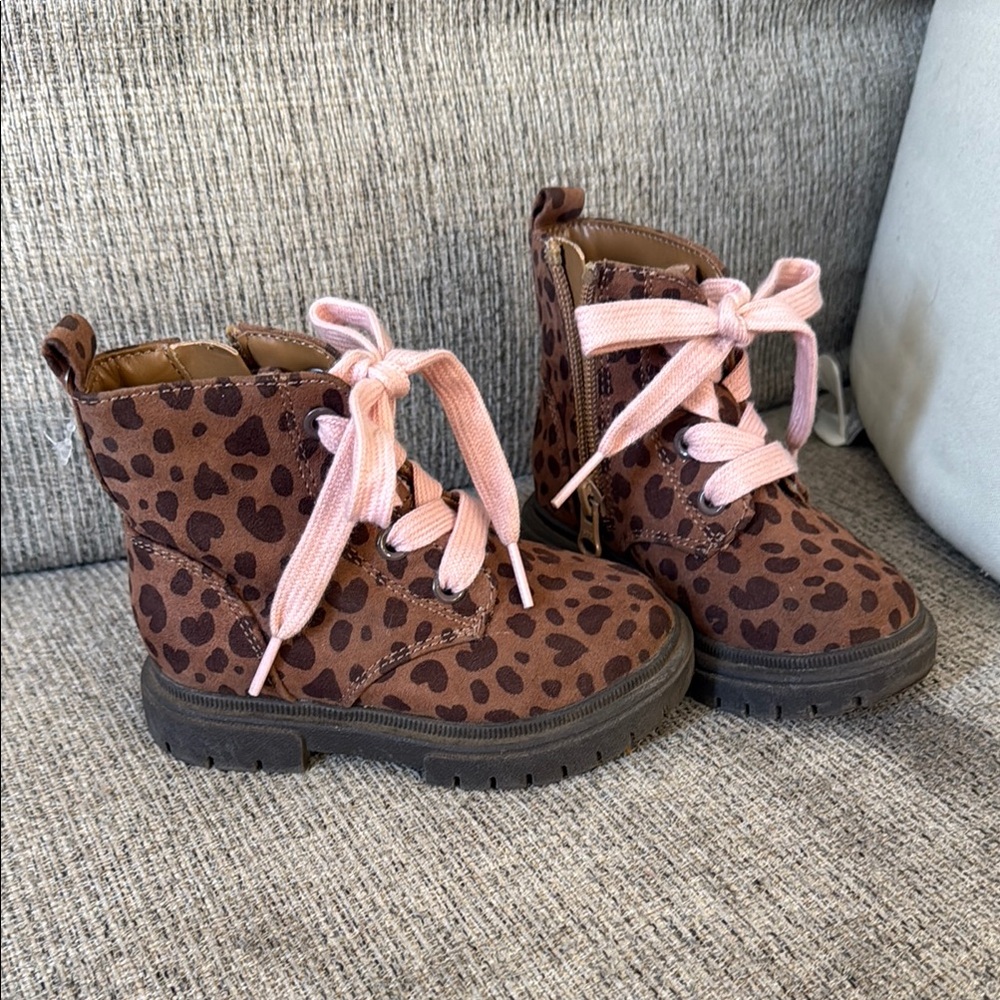 Brown Leopard Print Boots with Pink Lace